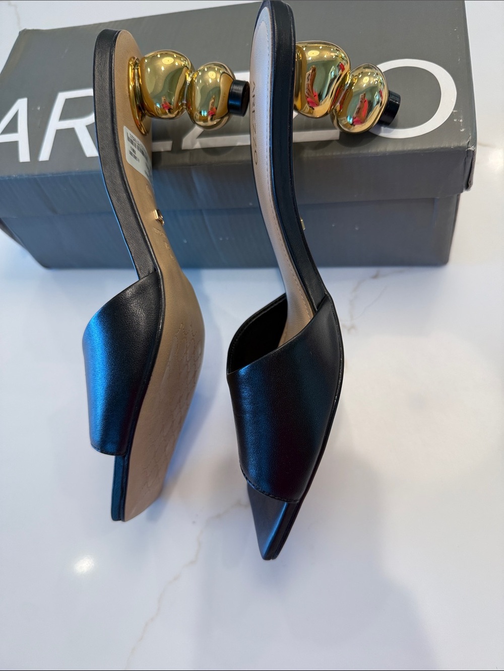 Arezzo Black Leather Square-Toe Slide Mules